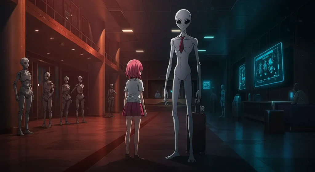 Apocalypse Hotel Anime Episode 3 key visual – Yachiyo and the mysterious alien guest at Gingarou Hotel, anime still featuring futuristic robots and eerie atmosphere