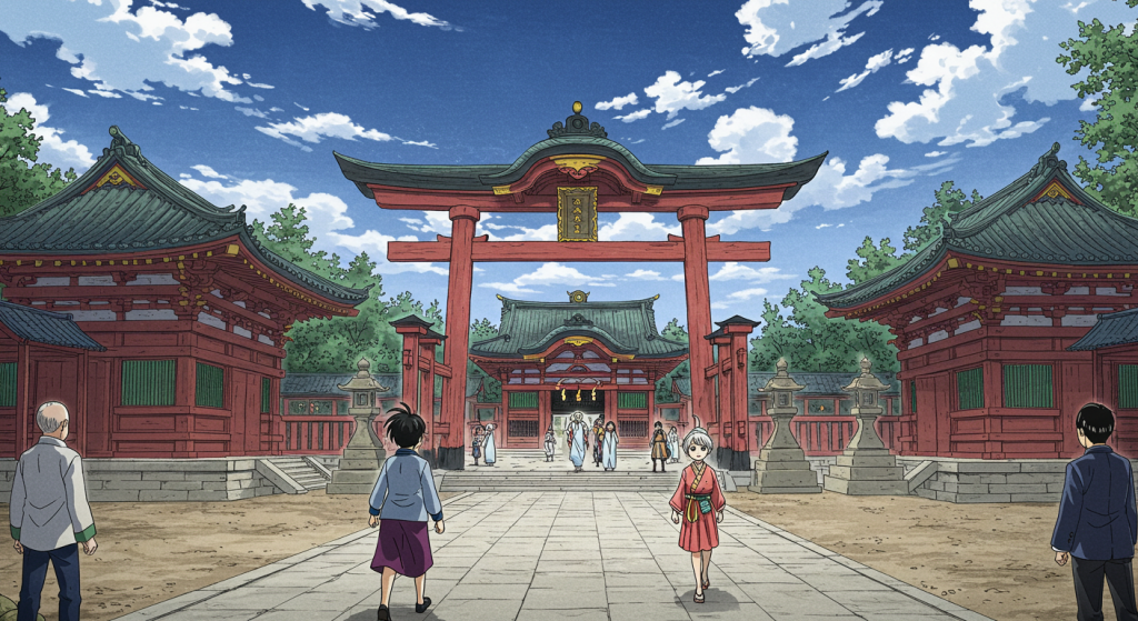 Dandadan Chapter 191 preview: Momo and Turbo-Granny arrive at Izumo Shrine while mysterious watchers observe them. Supernatural anime art style