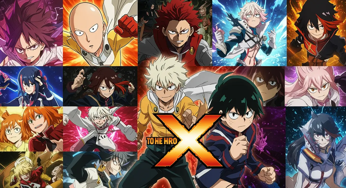 10 anime like To Be Hero X - action-packed collage featuring One Punch Man, Mob Psycho 100, and Kill la Kill heroes in a vibrant superhero showdown