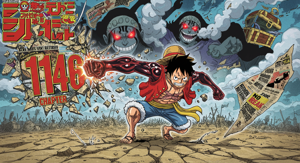 Luffy in Gear 5 form smashing through a Shonen Jump page, surrounded by Gorosei shadows and'Chapter 1146' kanji. Newspaper clippings about spoiler leaks float in the background, with One Piece treasure glowing in storm clouds