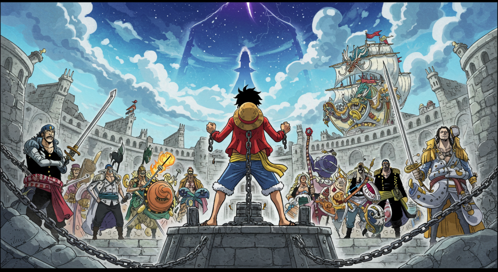 One Piece theory art: Luffy captured at Marineford 2.0 as the Straw Hat Pirates rally for war. Epic anime showdown style.