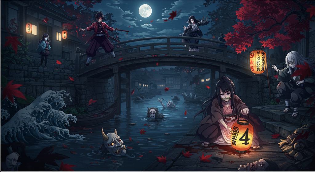 Jinta in demon form confronts the Edo slasher in Sword of the Demon Hunter Episode 4, with Ofuu and Mosuke watching in shock. Dark fantasy anime style with katana clashes and eerie fog