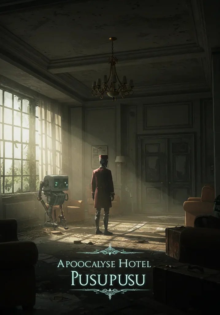 Anime-style poster of a robot concierge in a decaying hotel with the glowing title ‘Apocalypse Hotel Pusupusu’ above him.