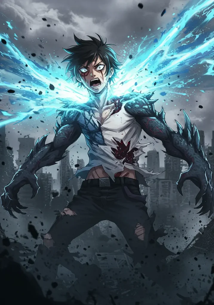 Kafka Hibino transforming into Kaiju No. 8 with glowing blue energy, half-human half-monster, with city rubble in the background at Kaiju No 8 Mission Recon Film Showtimes