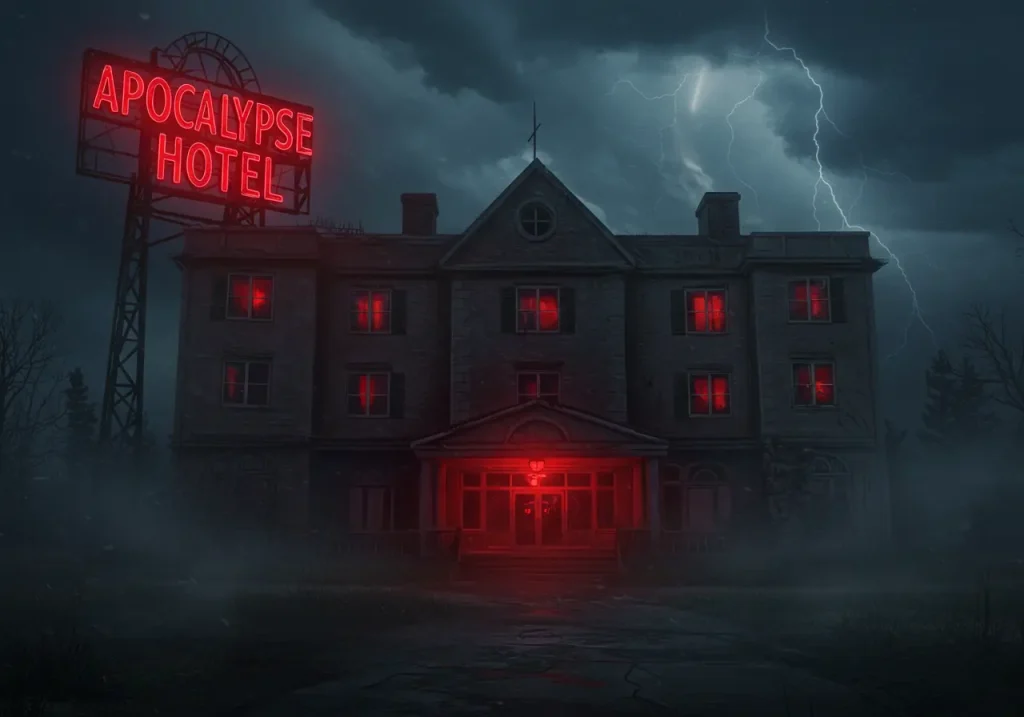 Poster-style image of an abandoned hotel under a stormy sky with a glowing neon sign that reads ‘Apocalypse Hotel’, surrounded by eerie red lighting