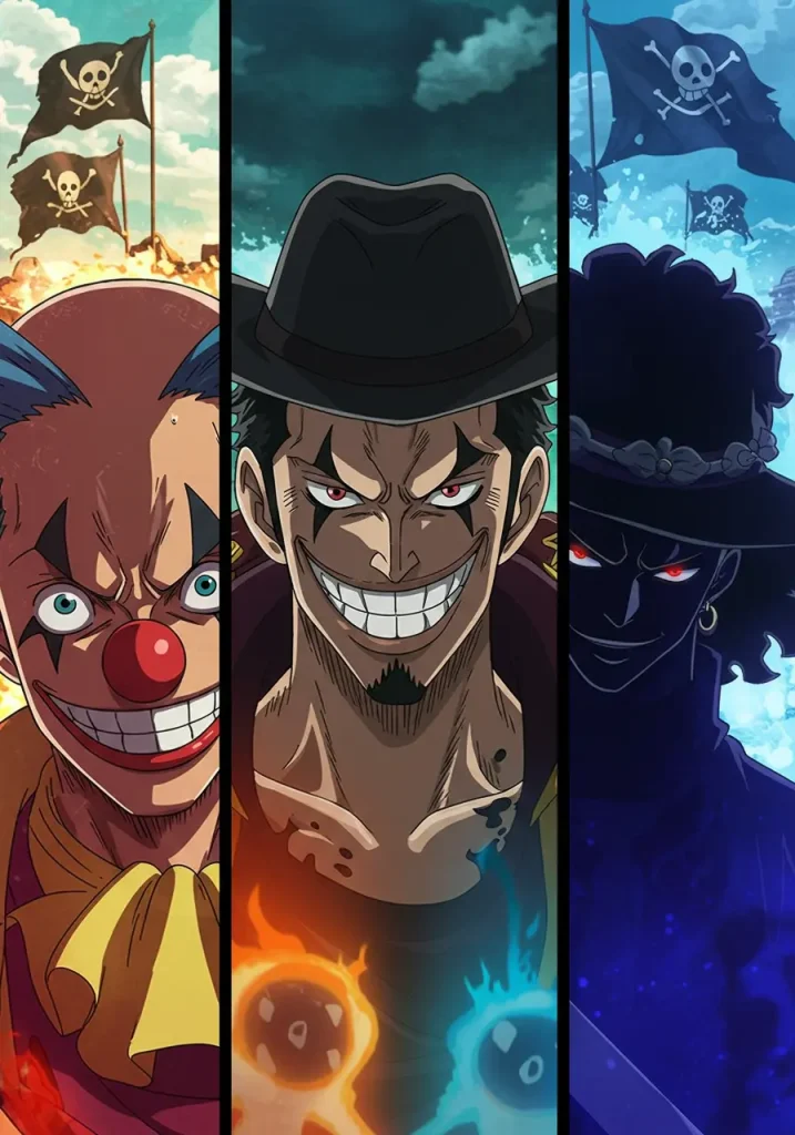 Side-by-side portraits of Buggy, Blackbeard Father and a mysterious figure resembling Rocks D Xebec,
