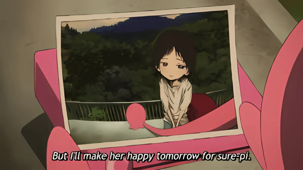 Shizuka from Takopi’s Original Sin hidden in shadows behind a rainy window