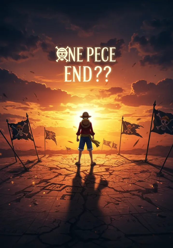 Monkey D. Luffy stands at sunset with the glowing text When Will One Piece End’
