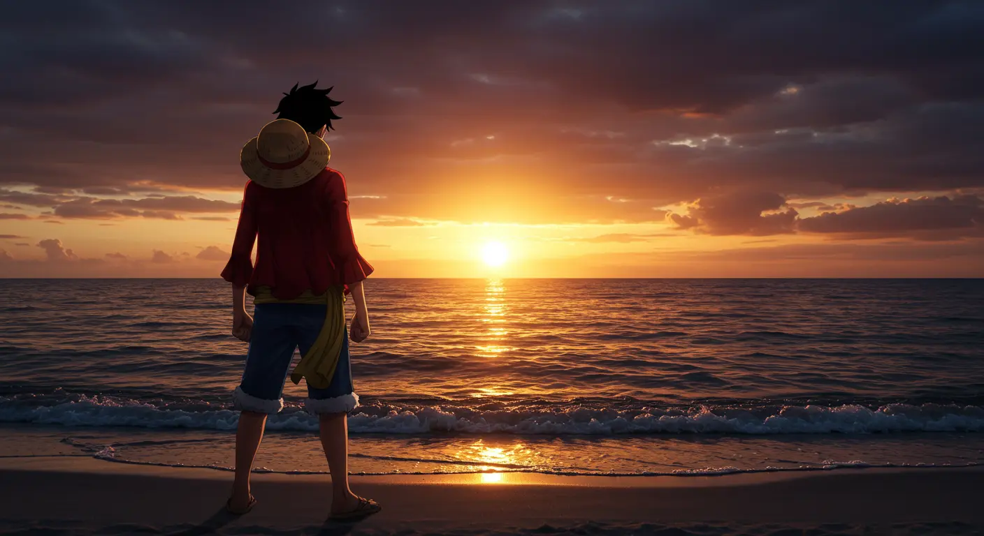 Luffy standing on the shore looking toward the horizon at sunrise